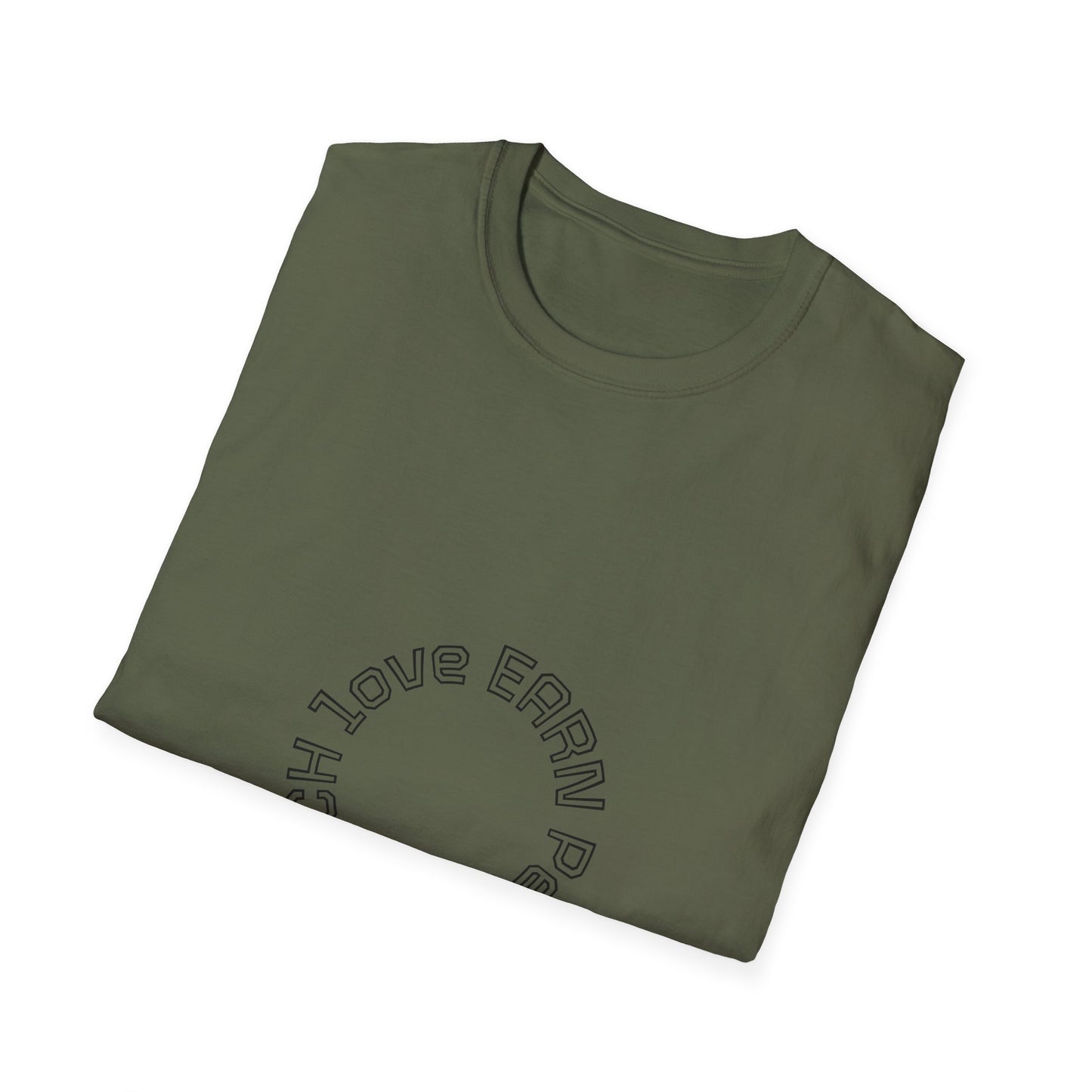 Folded green t-shirt with text on a white background
