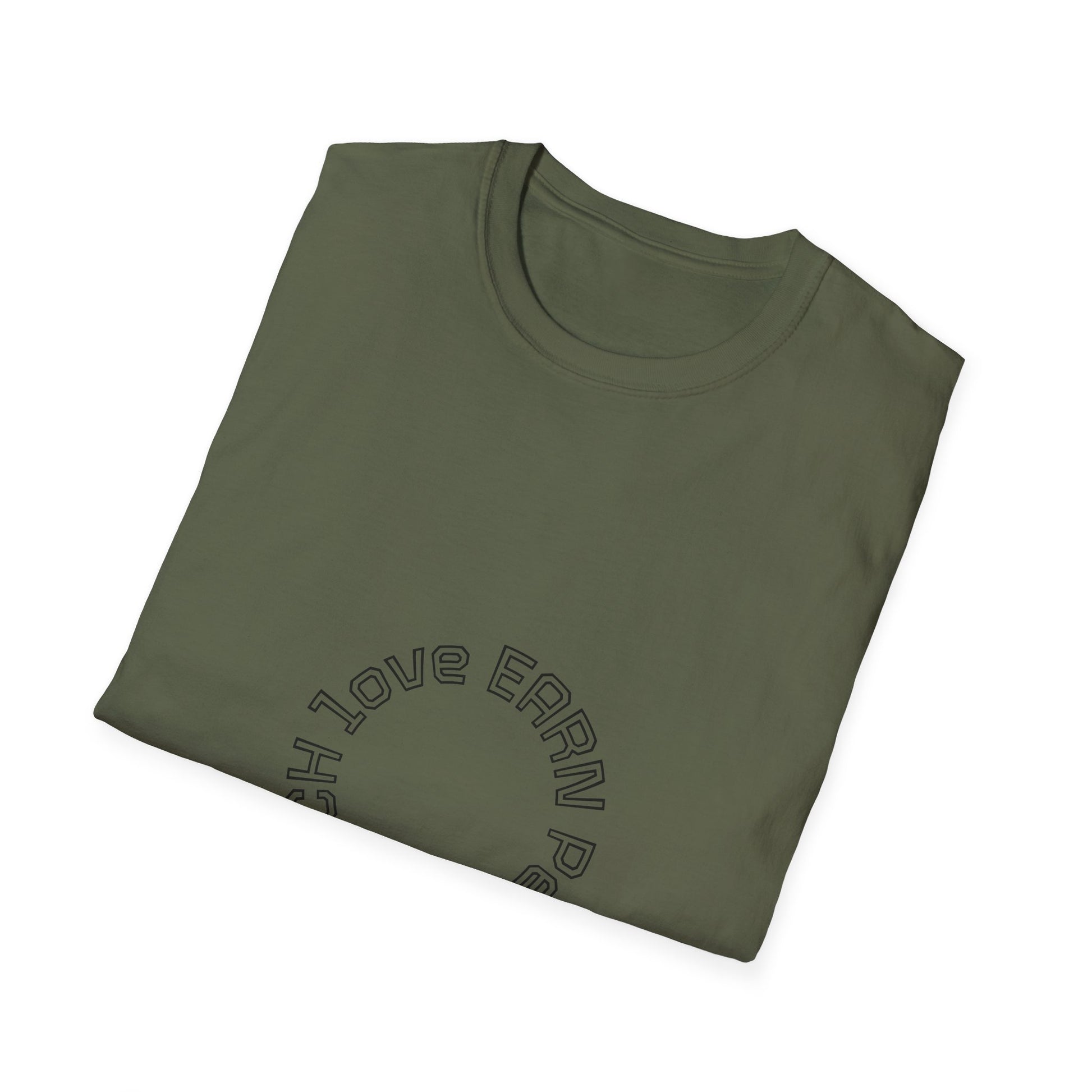 Folded green t-shirt with text on a white background
