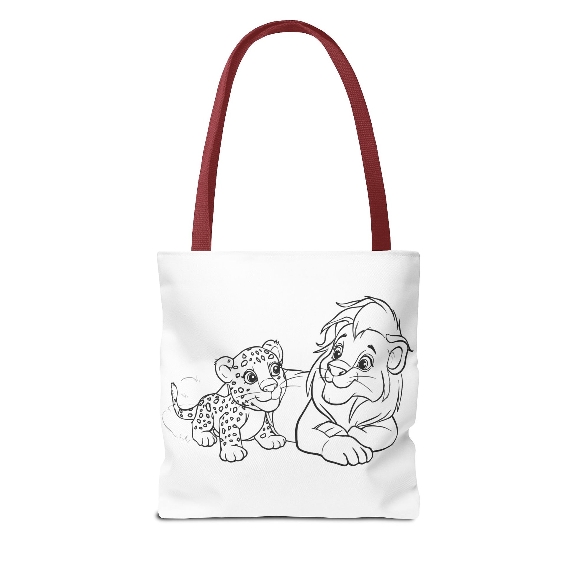 Tote bag with black and white illustration of a lion and cub on a white background