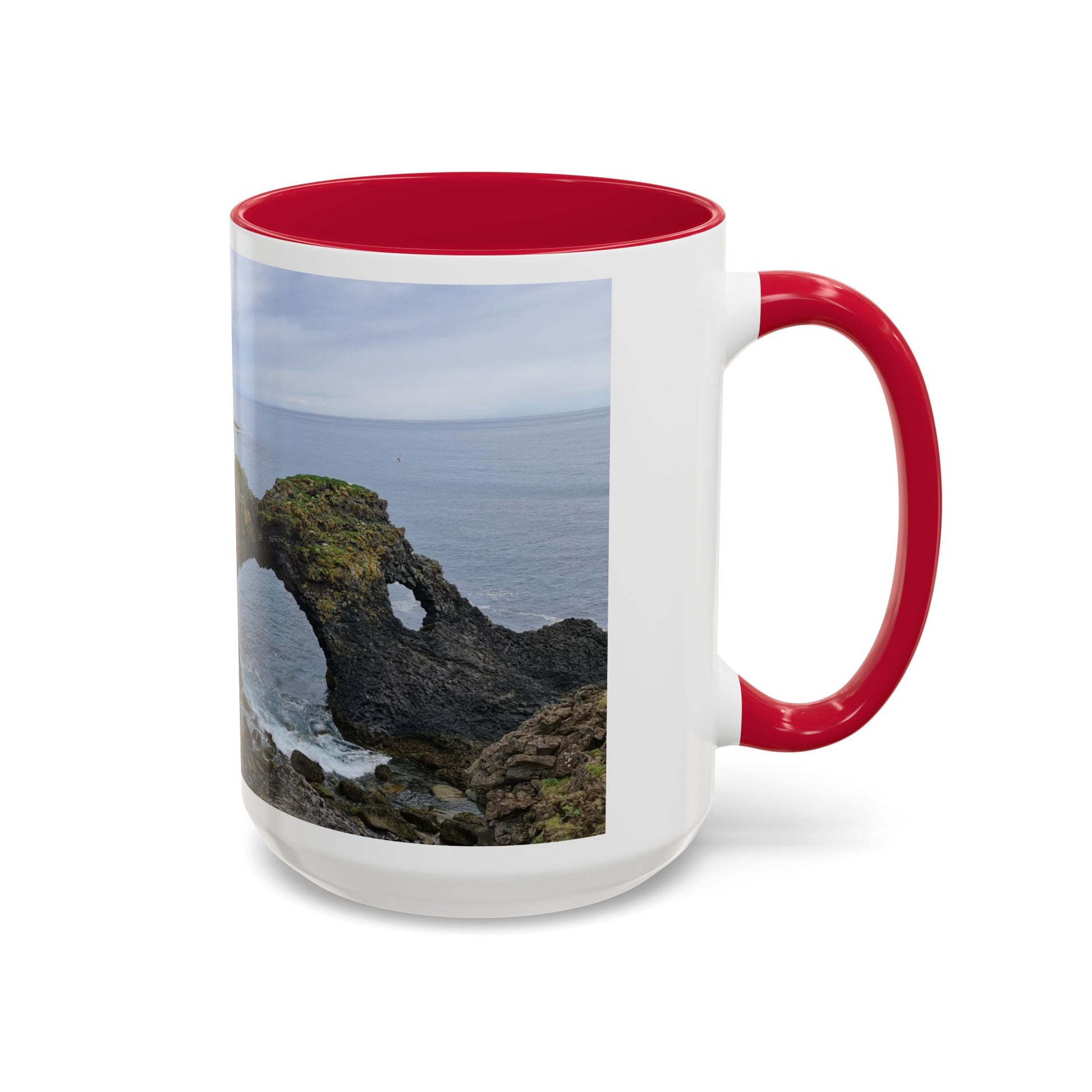 Red handle ocean view ceramic coffee mug with coastal landscape design