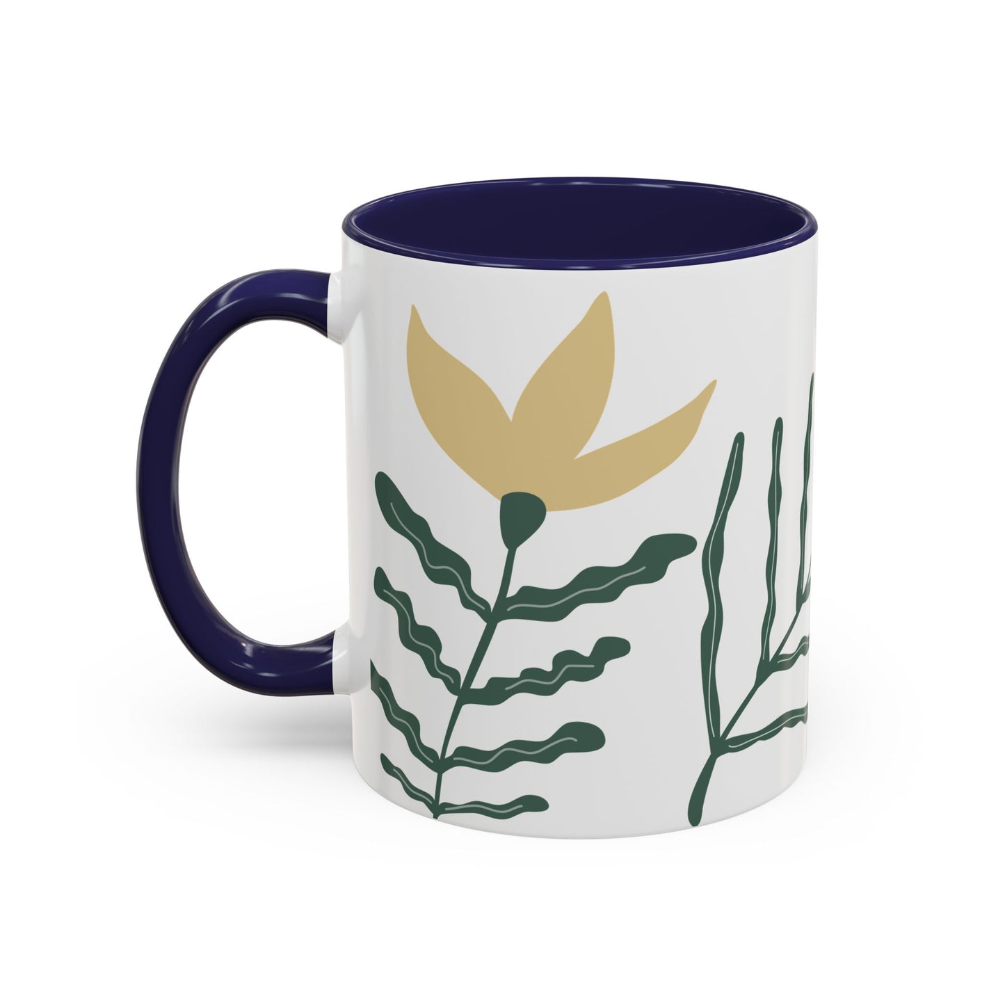 Mug with floral design and navy handle on a white background