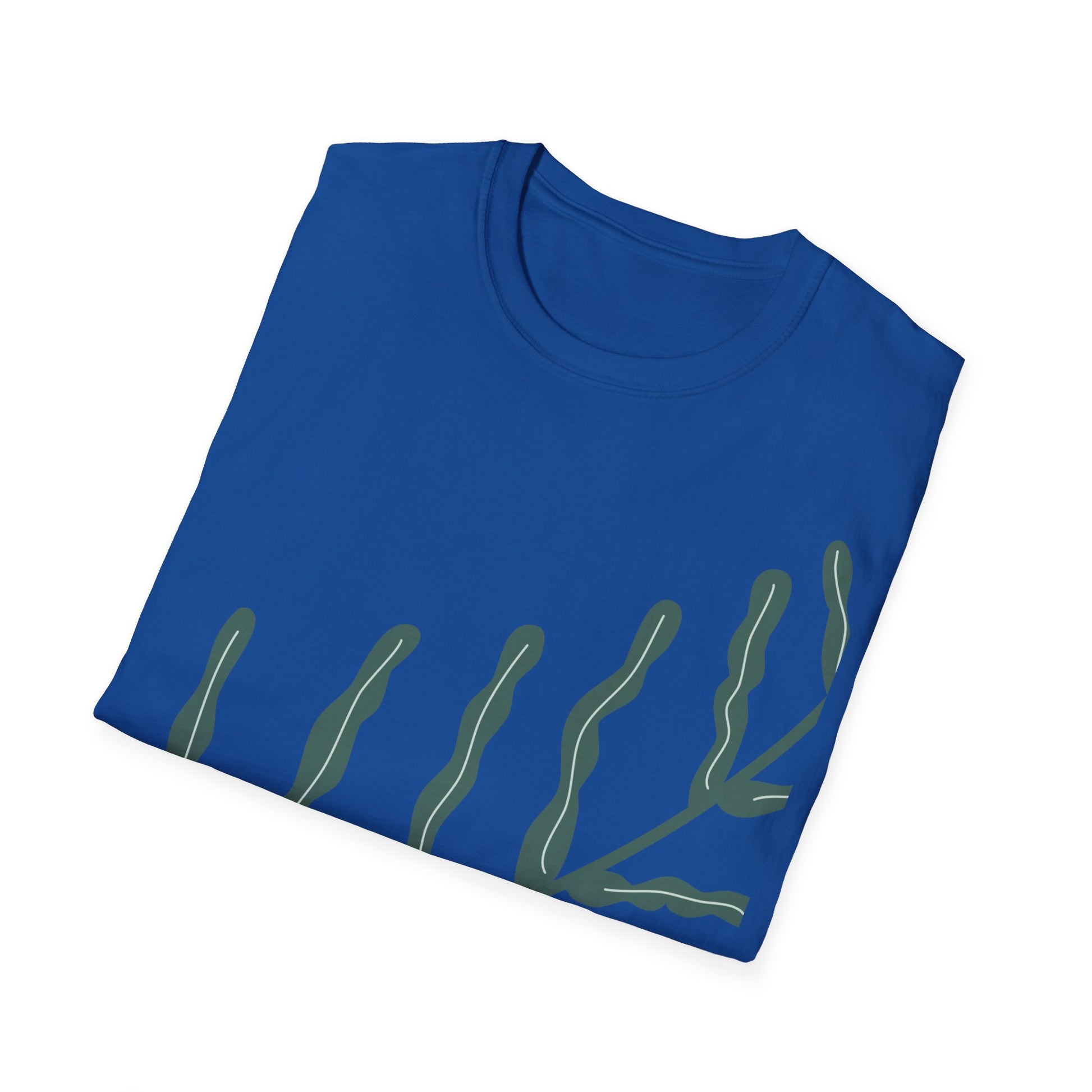 Folded blue botanical t-shirt with green leaf pattern on a white background