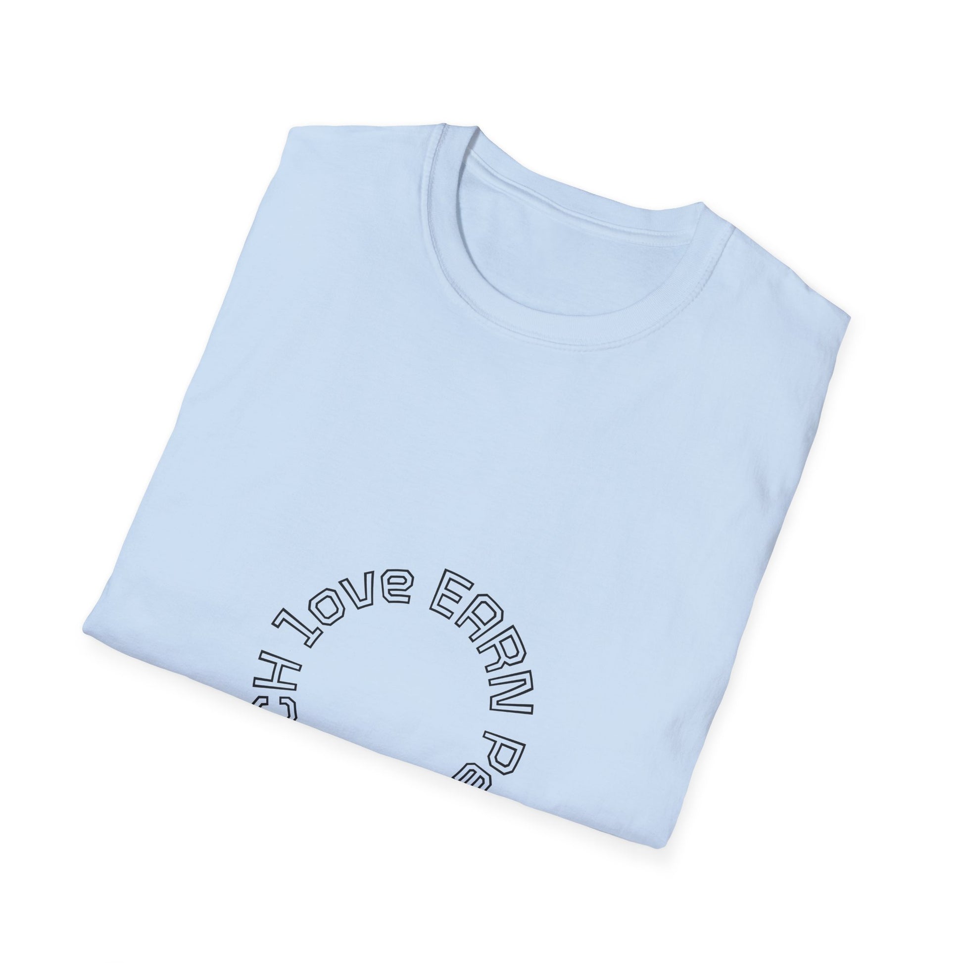 Folded light blue t-shirt with text on a white background