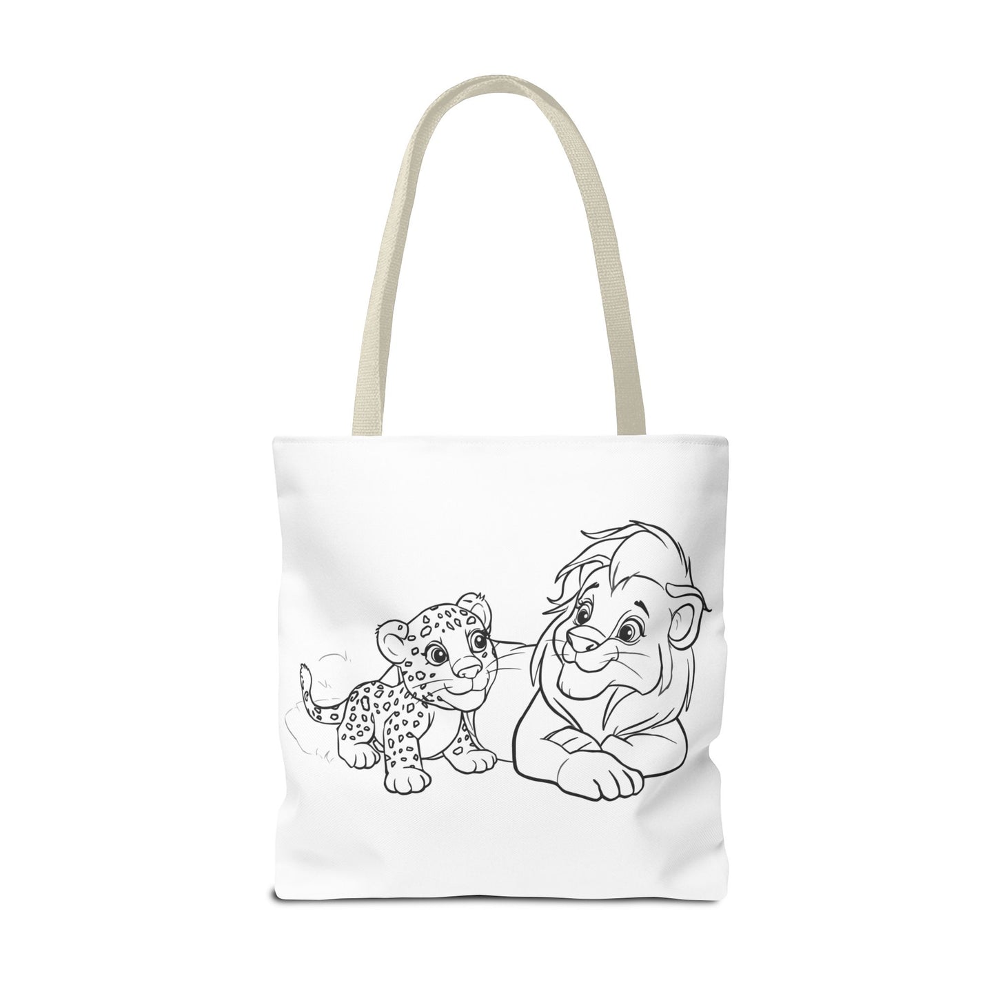 Tote bag with black and white illustration of a lion and cub on a white background