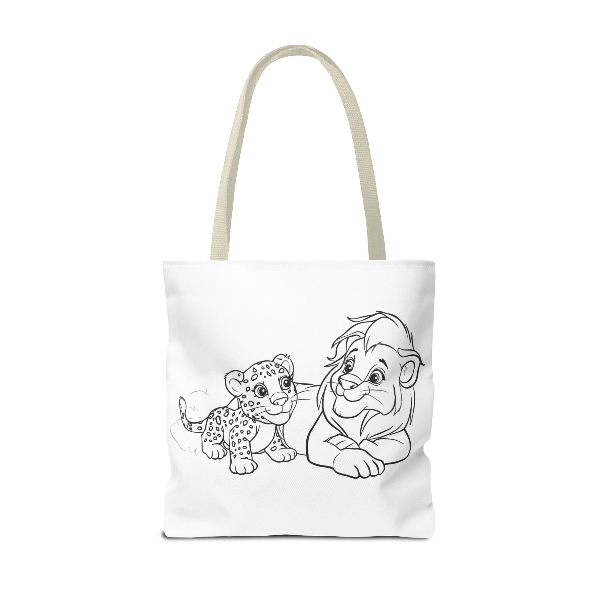 Tote bag with black and white illustration of a lion and cub on a white background