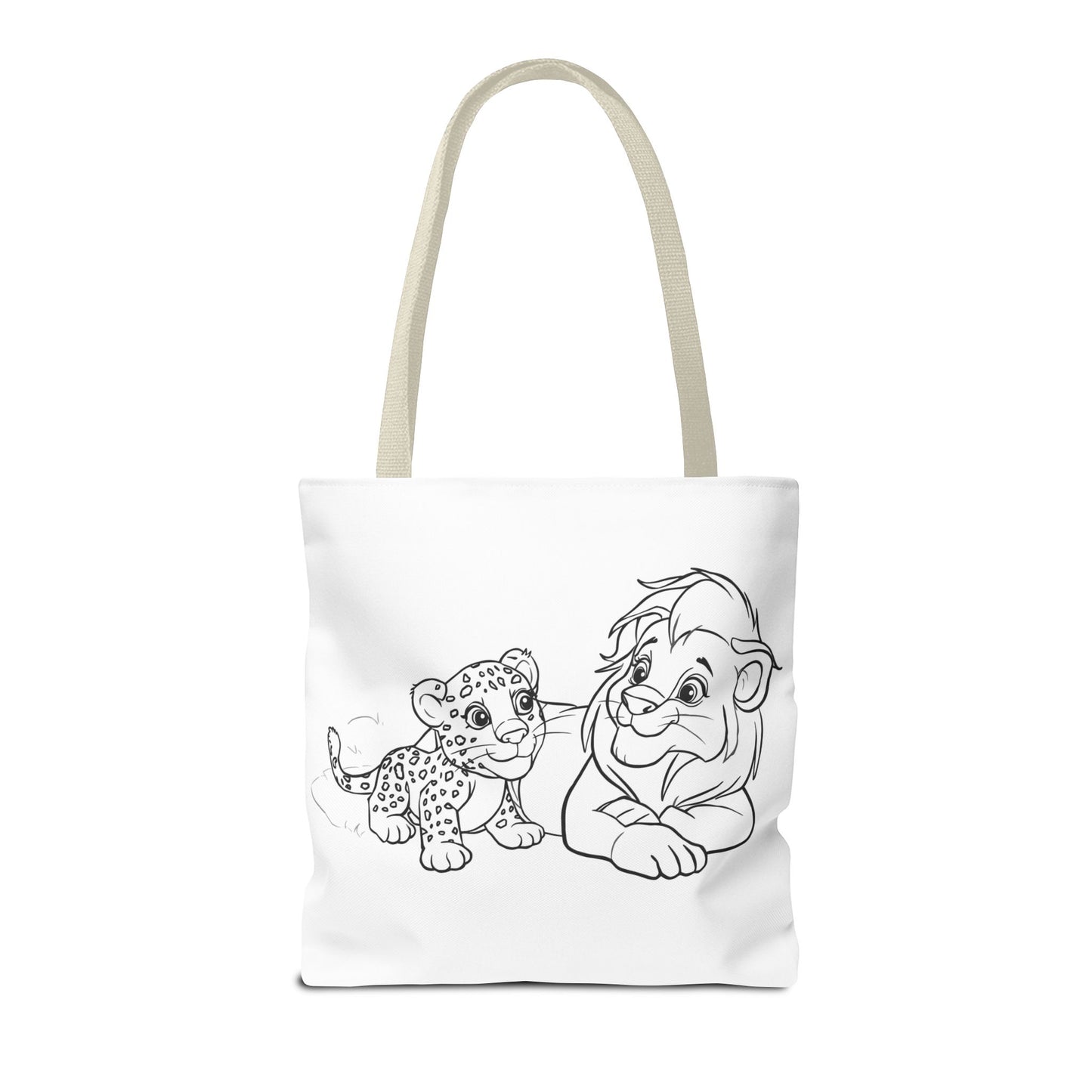 Tote bag with black and white illustration of a lion and a cub on a white background