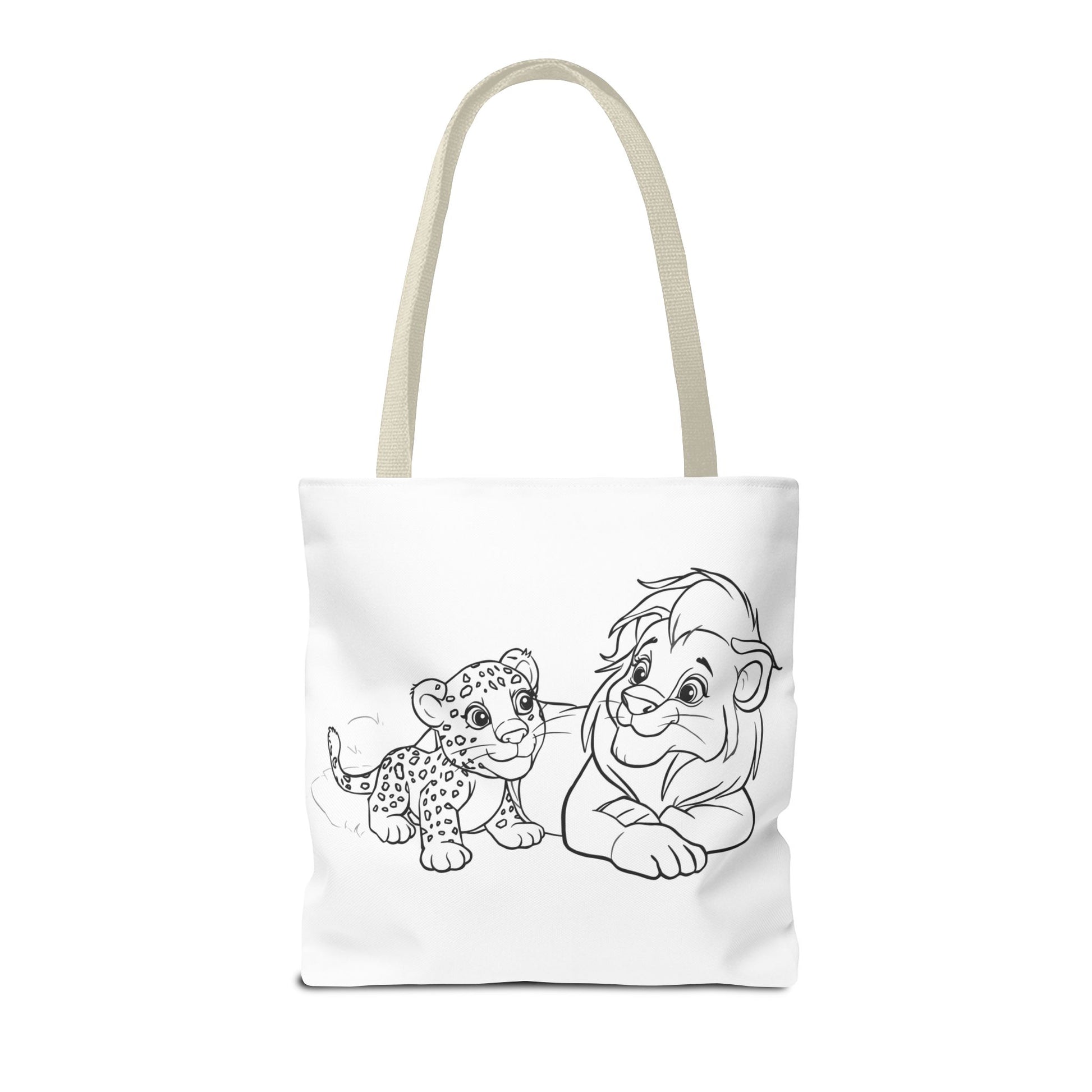 Tote bag with black and white illustration of a lion and a cub on a white background
