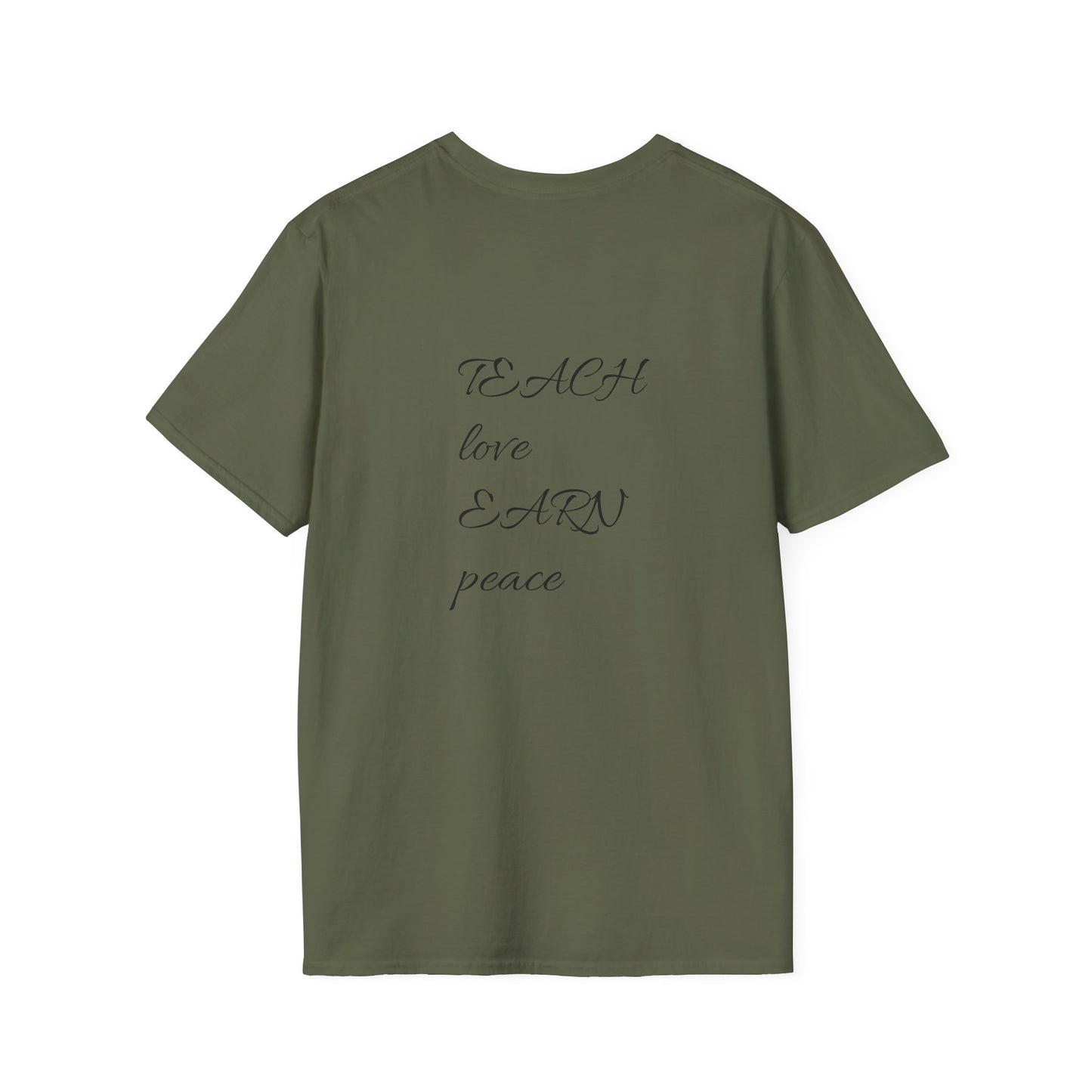 Green t-shirt with text on the back on a white background