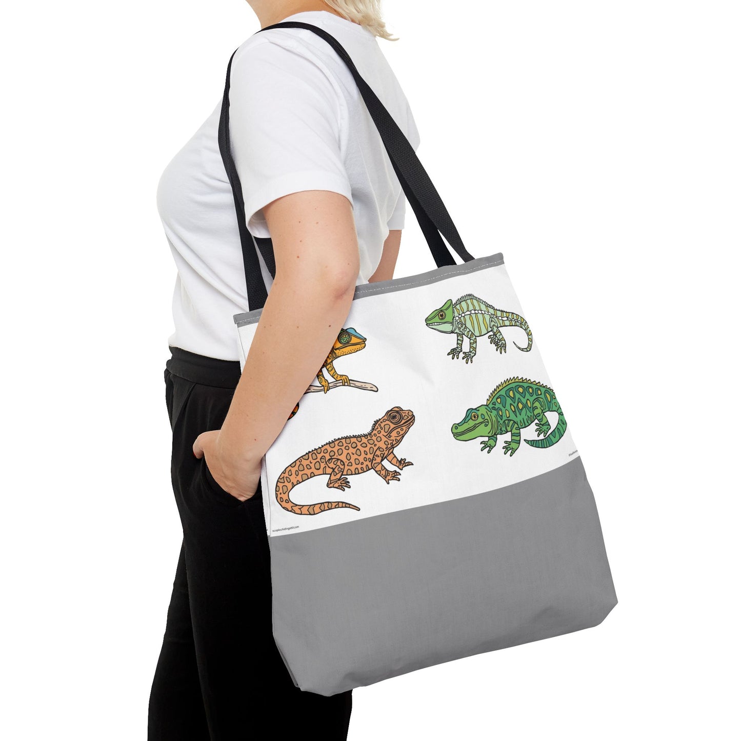 Eco-friendly lizard tote bag with colorful reptile print design