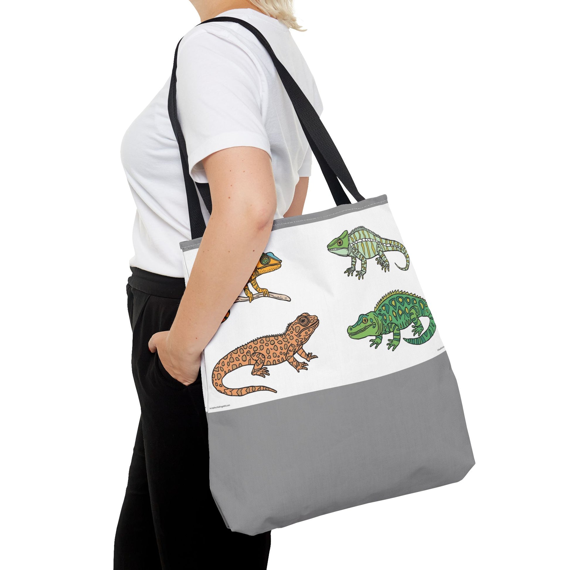 Eco-friendly lizard tote bag with colorful reptile print design