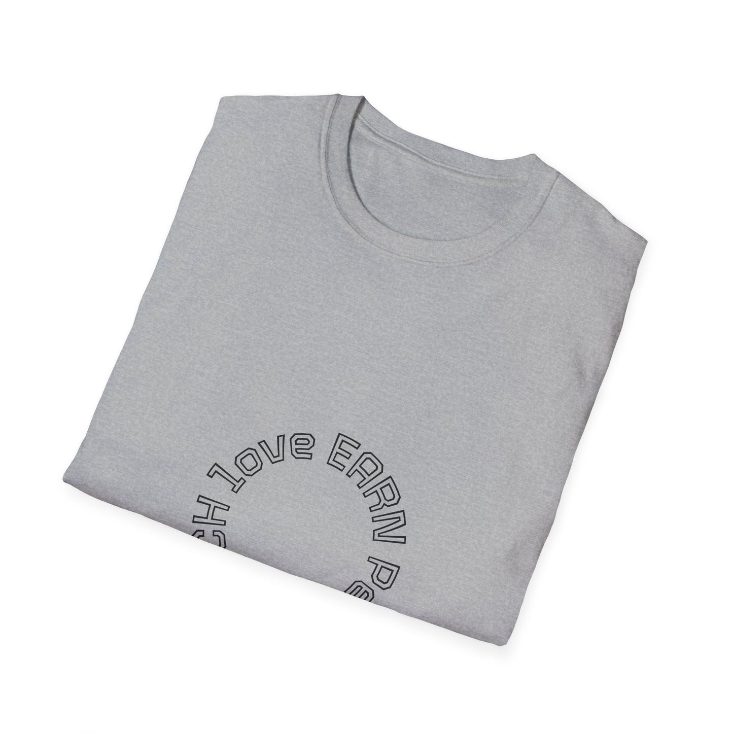 Folded gray t-shirt with text on a white background