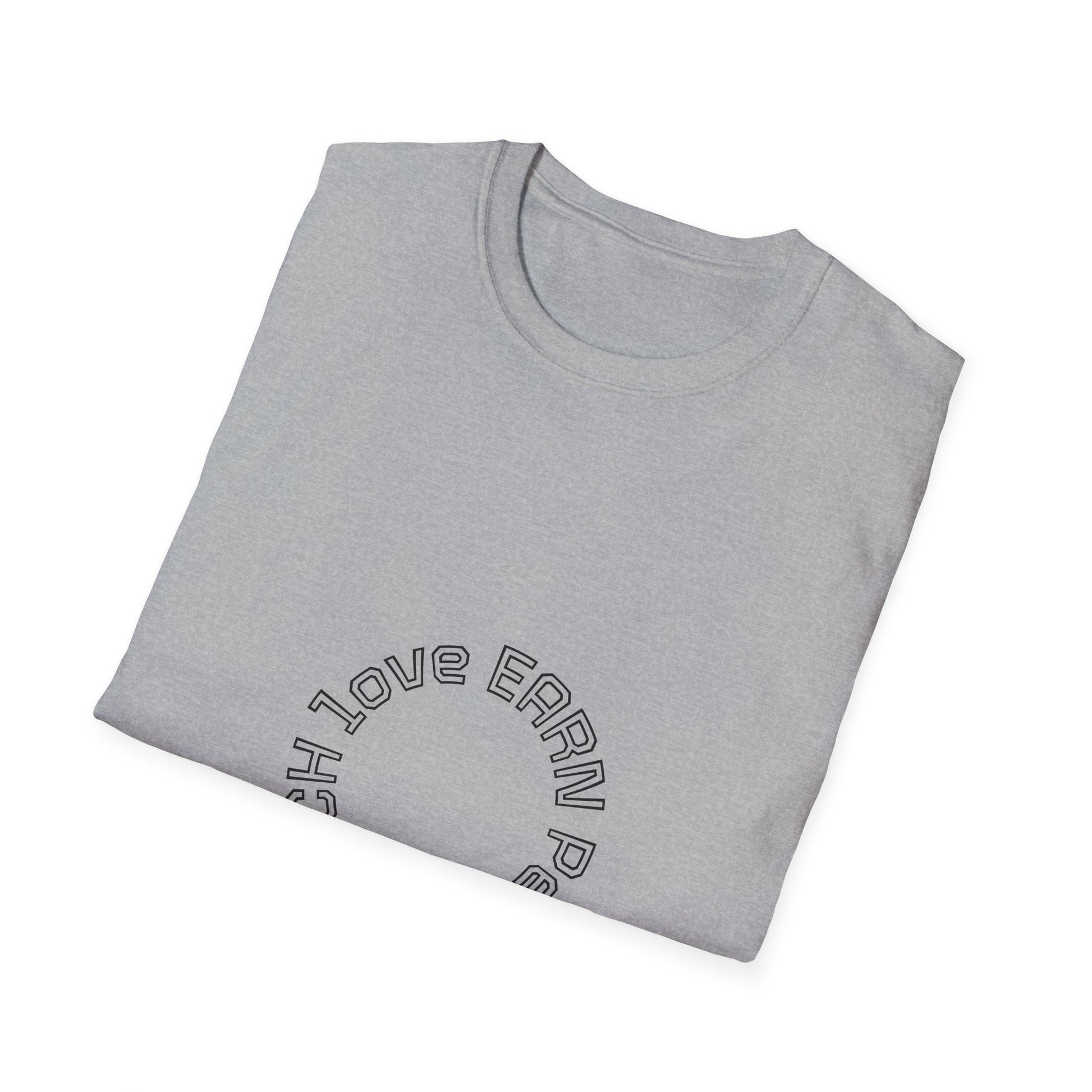 Folded gray t-shirt with text on a white background