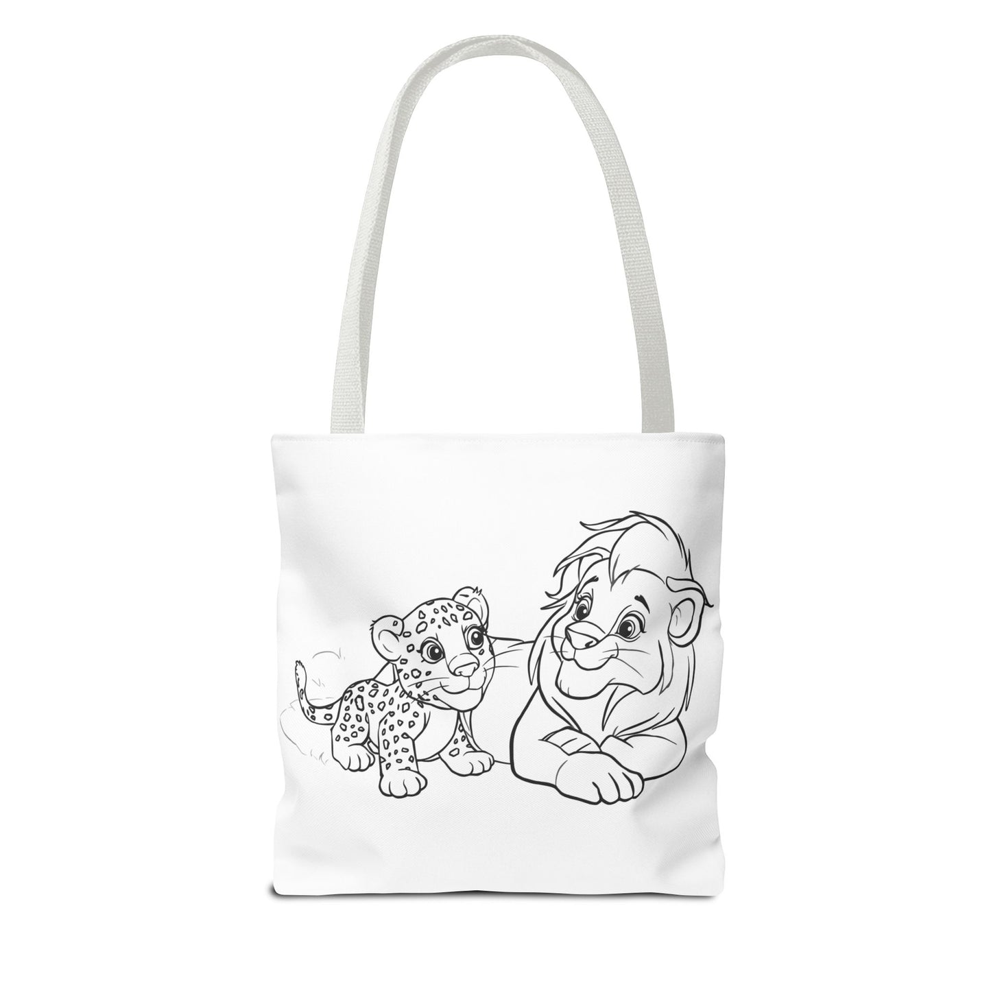 Tote bag with black and white illustration of a lion and cub on a white background
