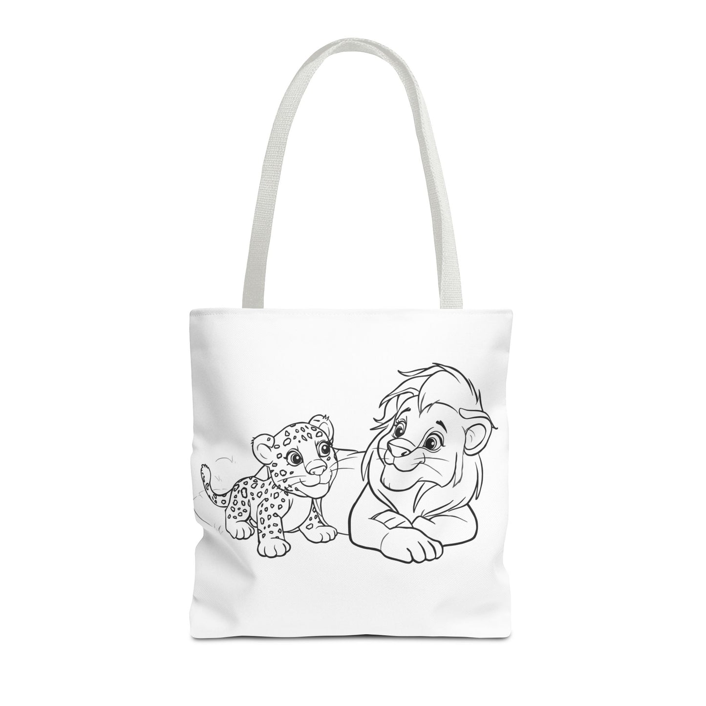Tote bag with black and white illustration of a lion and cub on a white background