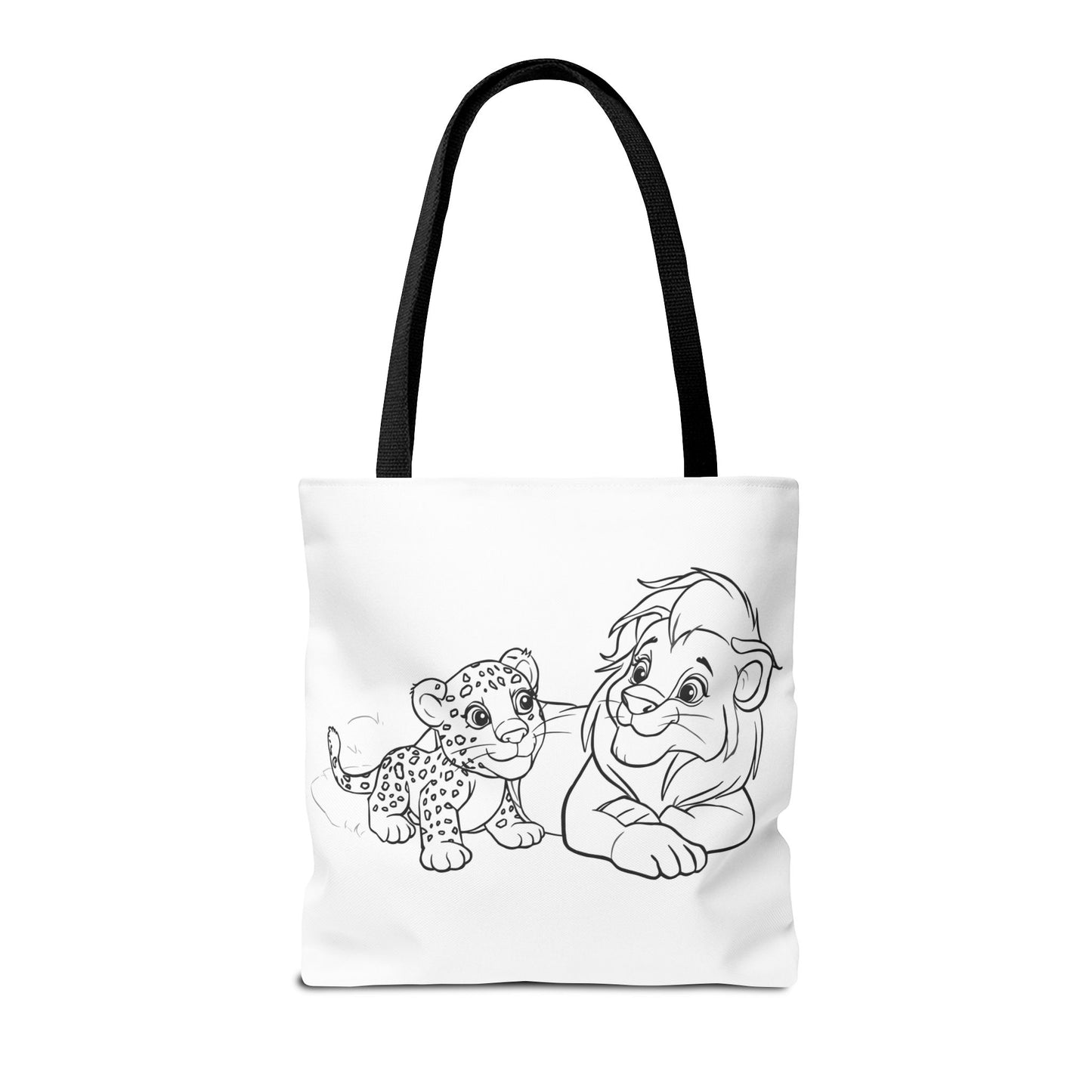 Tote bag with black and white illustration of a lion and cub on a white background