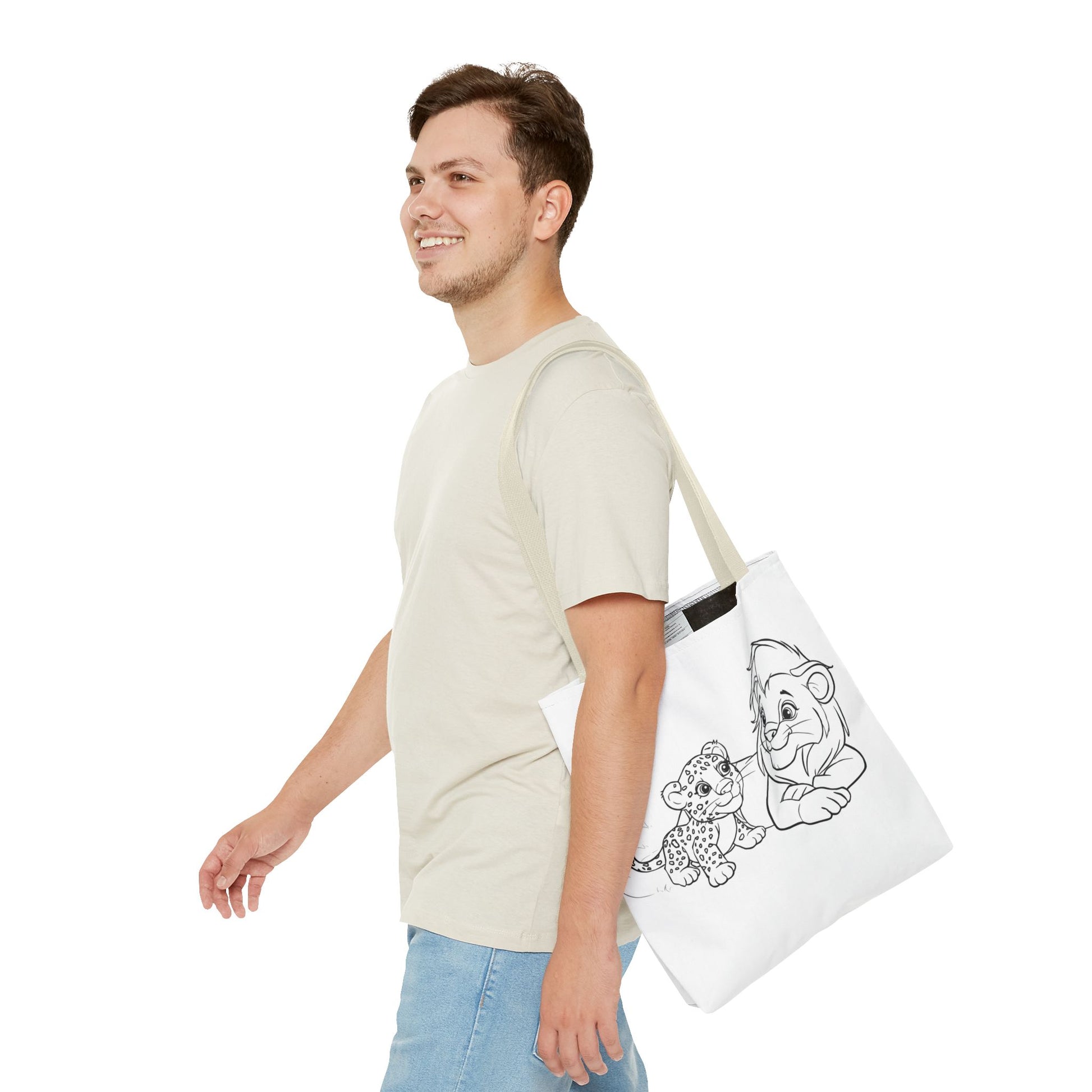 Man holding a tote bag with a design of a bear and a cub on a white background