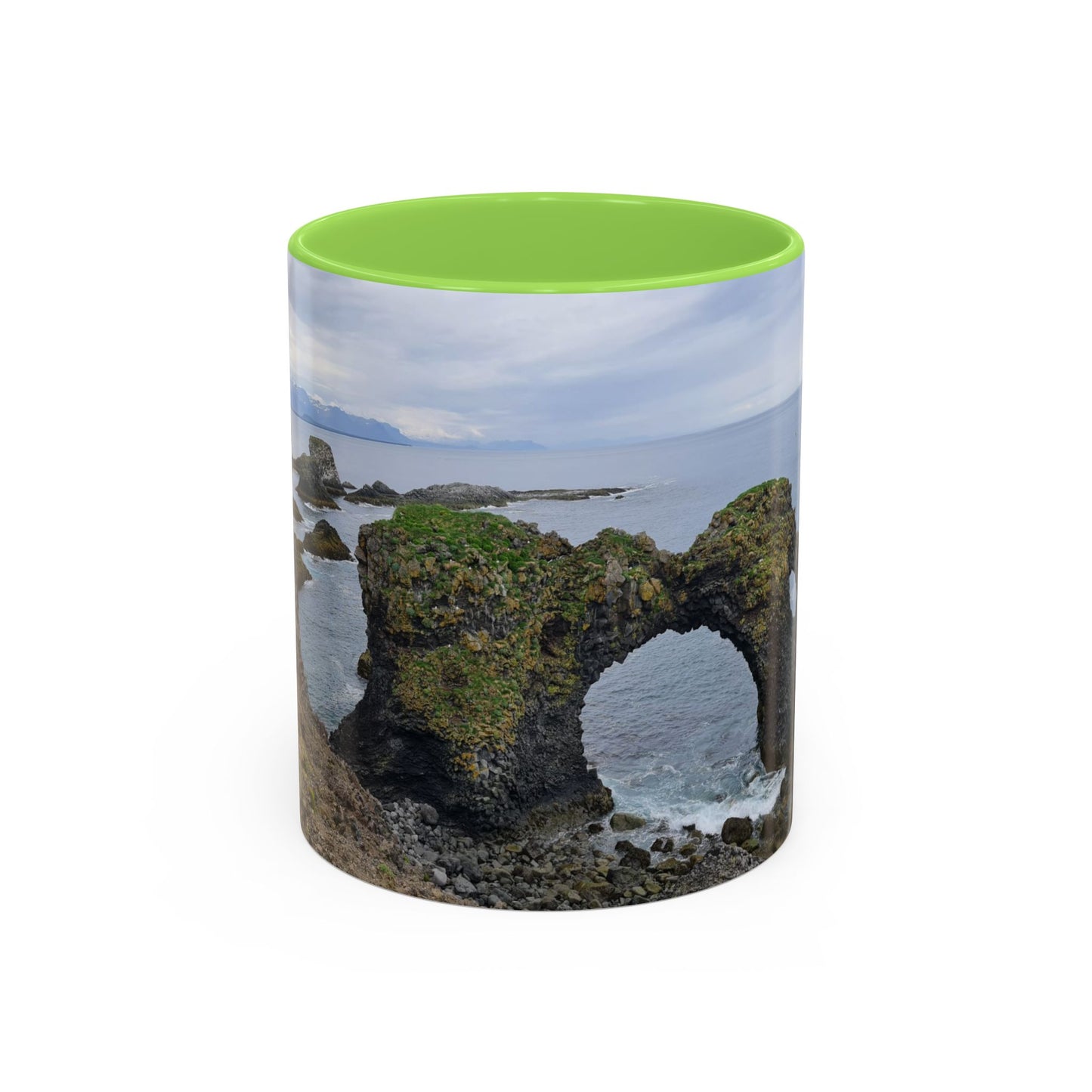 Lemon green interior ocean view ceramic coffee mug with coastal landscape design
