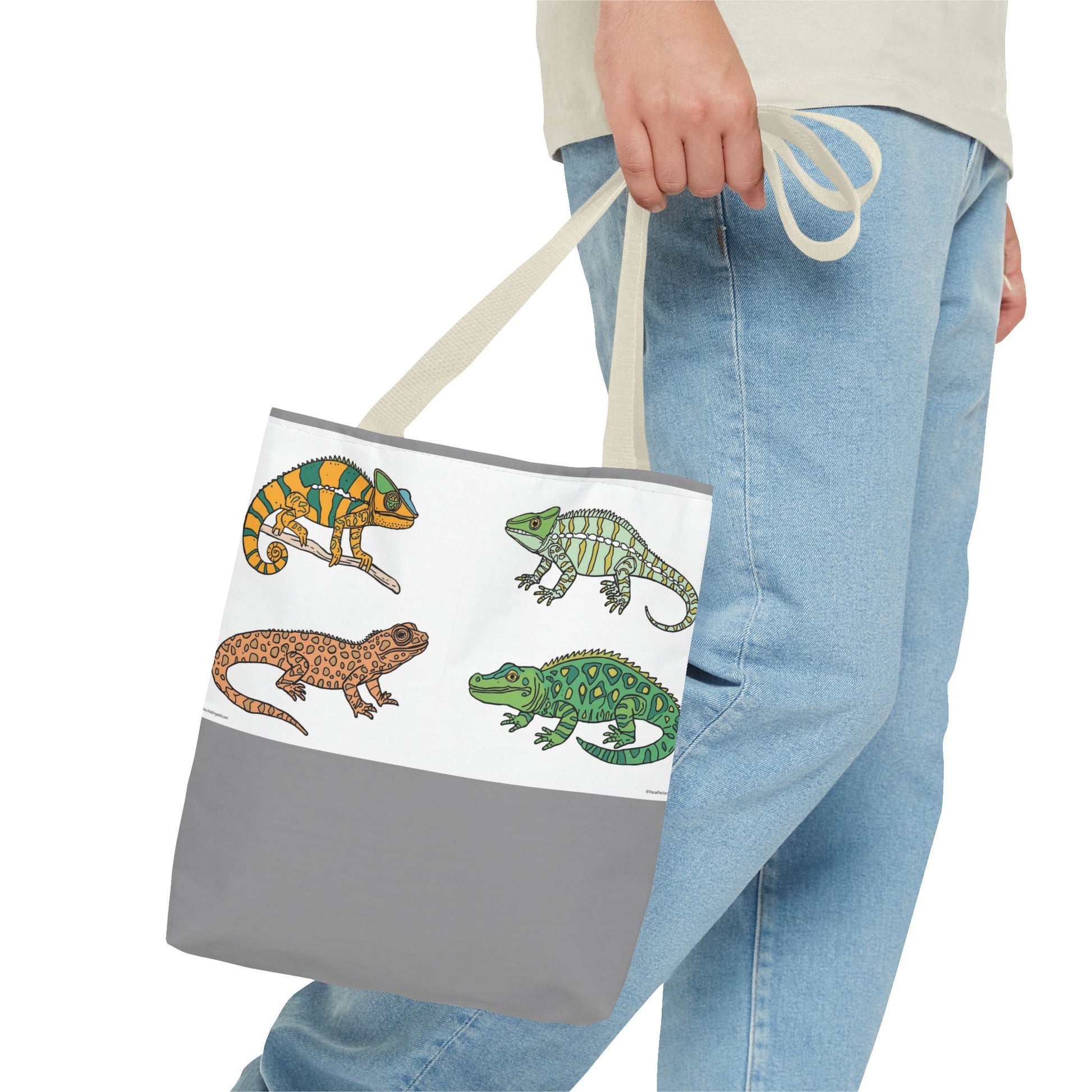 Eco-friendly lizard tote bag with colorful reptile print design