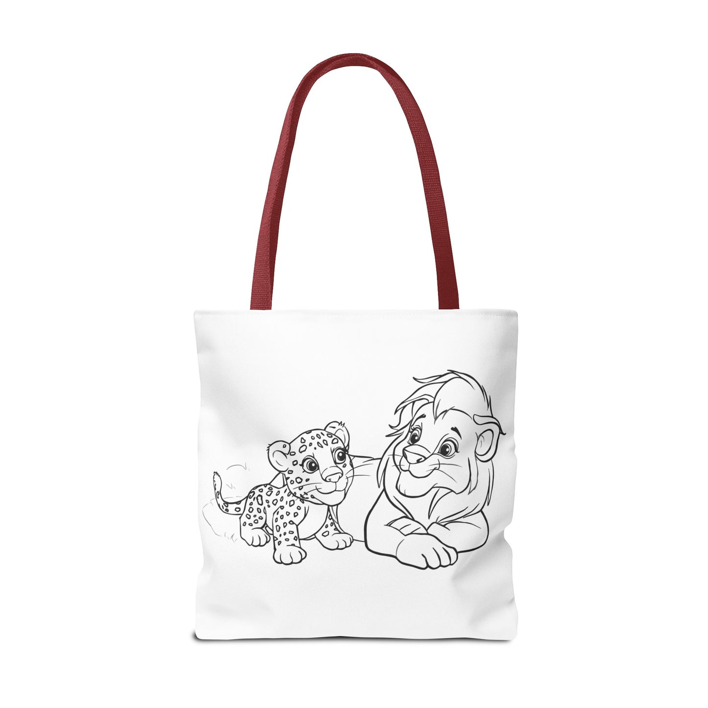 Tote bag with black line art of a character and a leopard on a white background