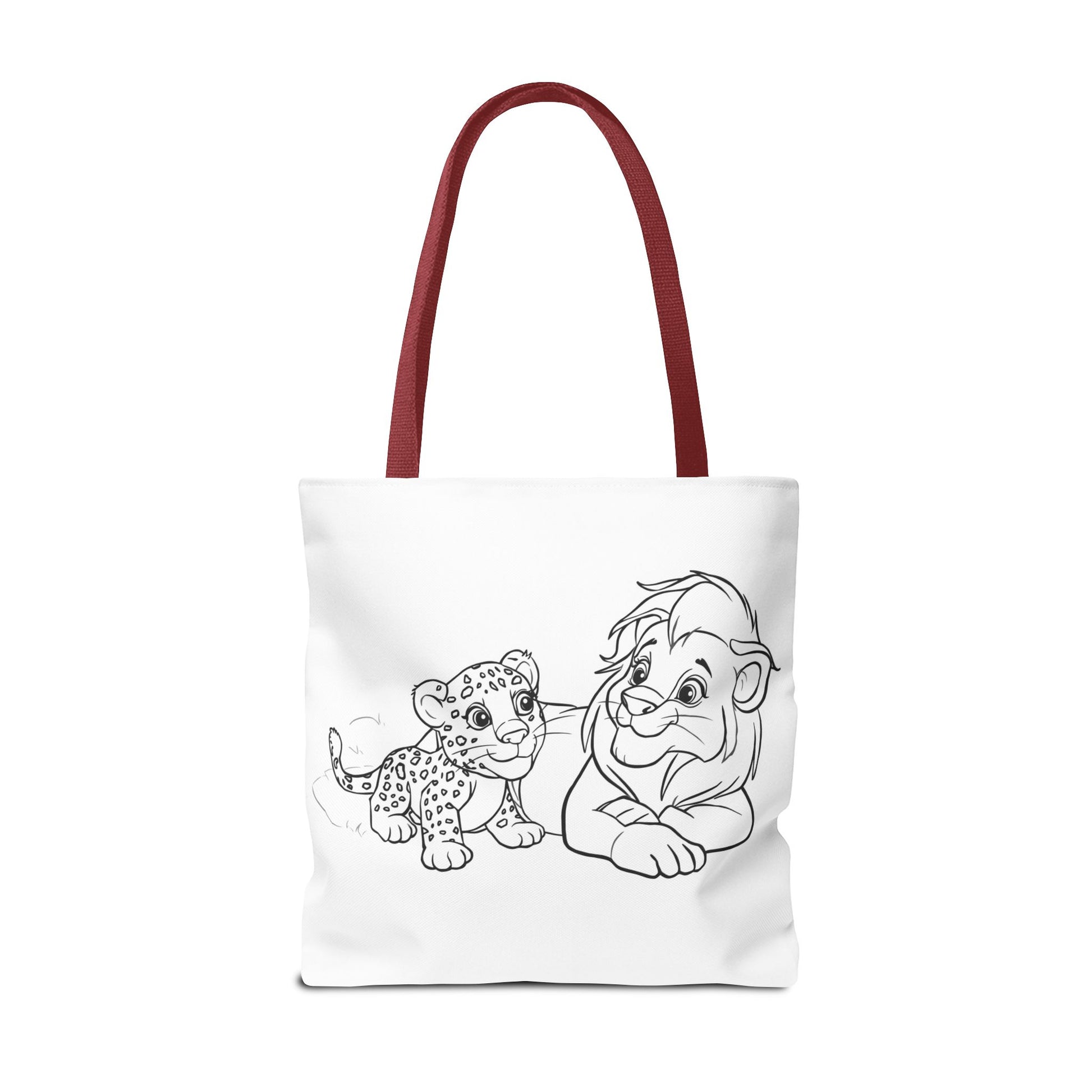 Tote bag with black line art of a character and a leopard on a white background