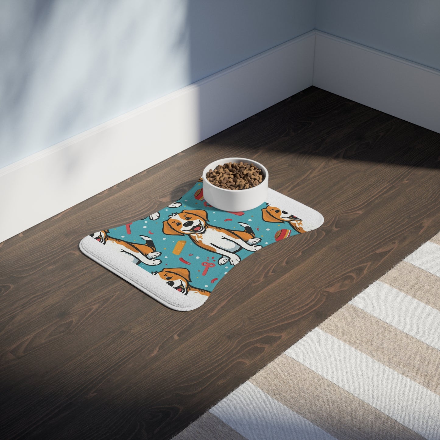 Washable pet feeding mat with fun design for dogs and cats