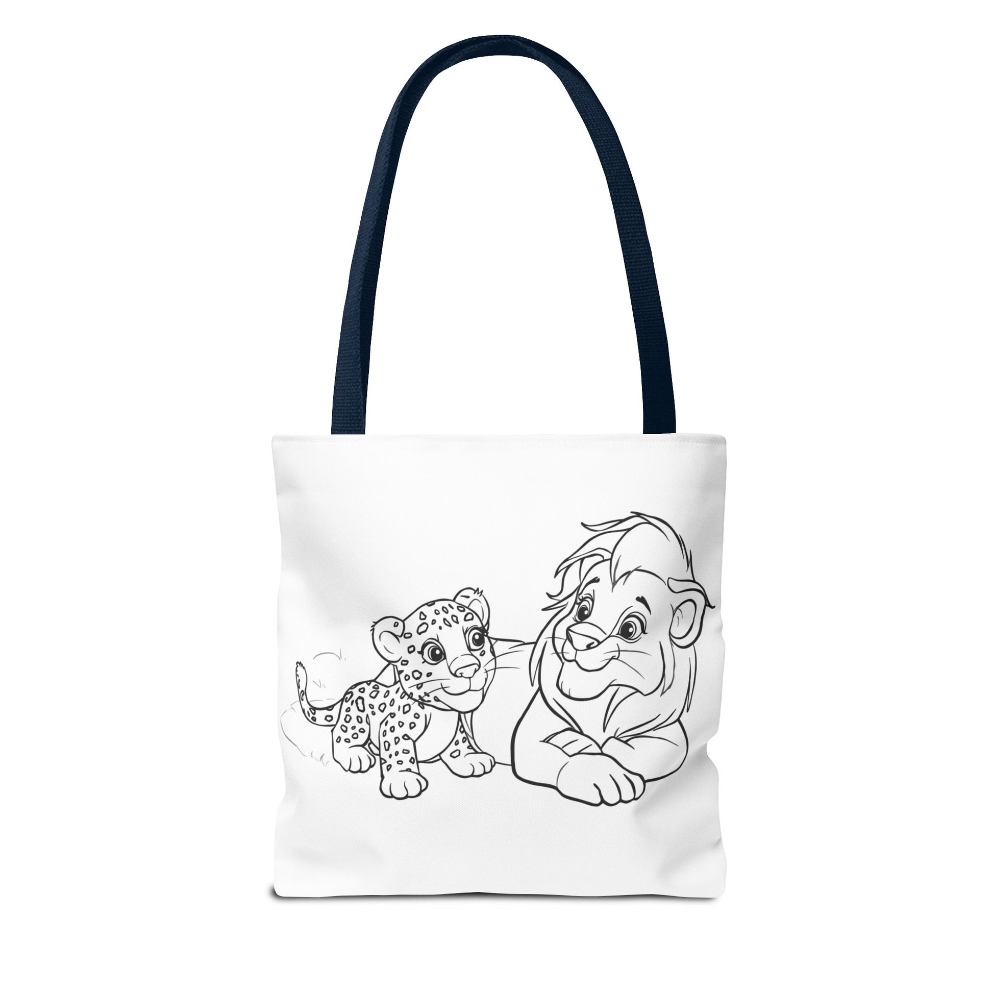Tote bag with black and white illustration of a lion and cub on a white background